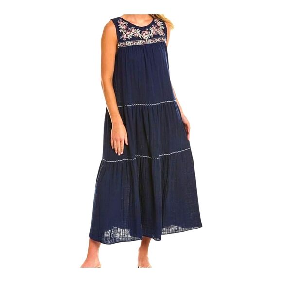 Max Studio Embroidered Sleeveless Dress Pockets Tiered Cotton Gauze XS Navy Blue - Picture 1 of 16